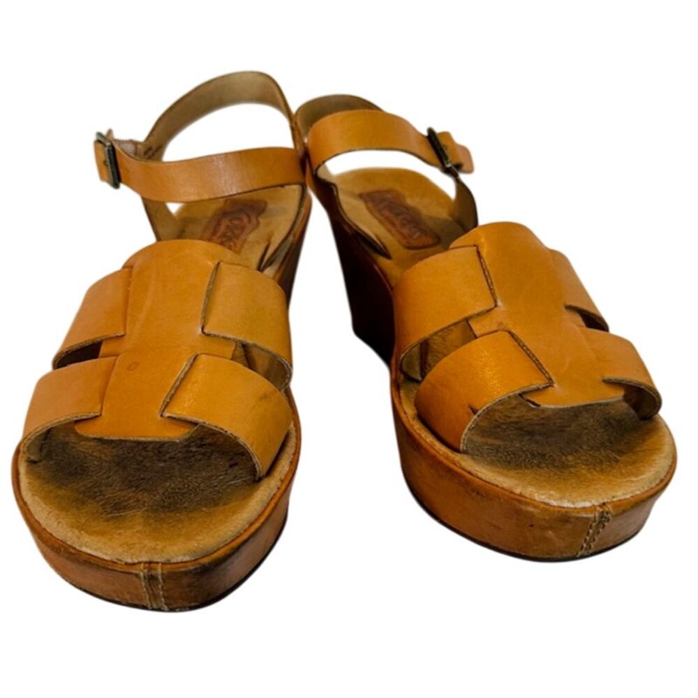 Korks By Kork-Ease Chunky Platform Sandals Tan Leather Sz 8 Ankle Strap Buckle
